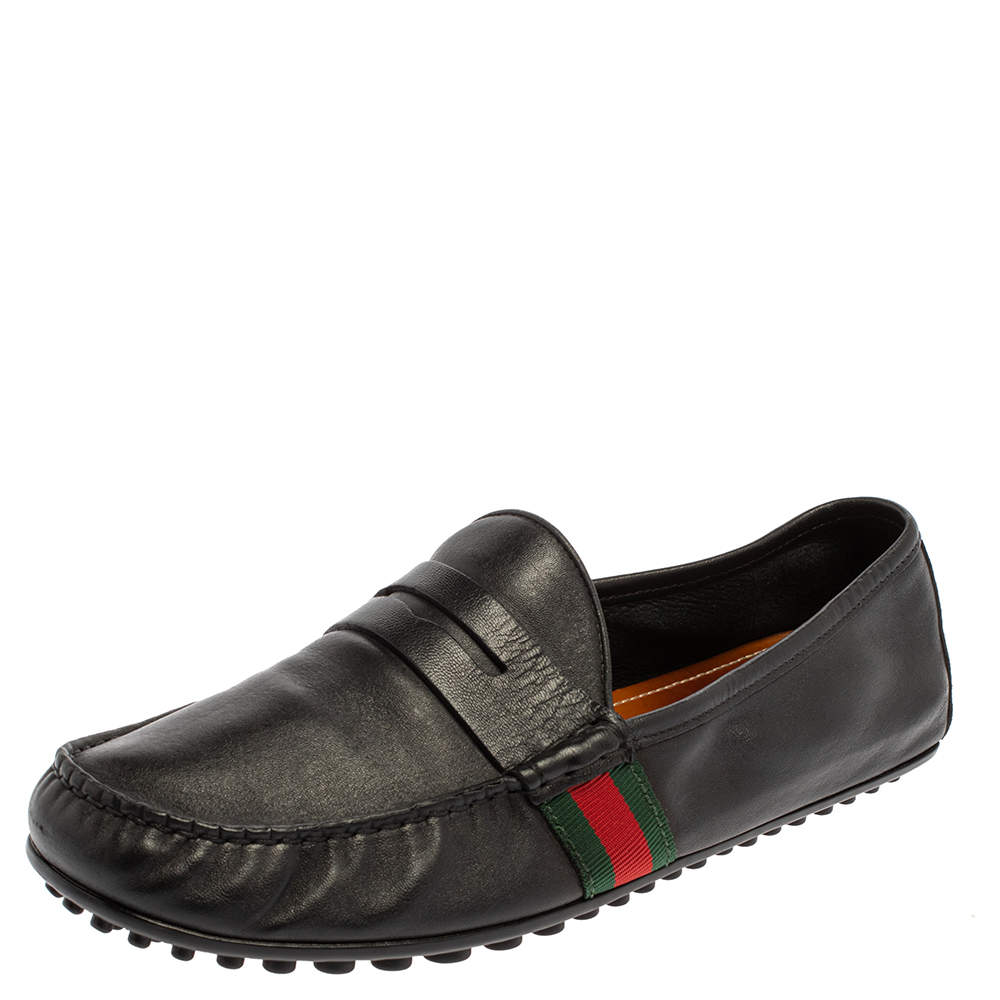 Gucci Black Leather Web Penny Loafers Size 41.5 