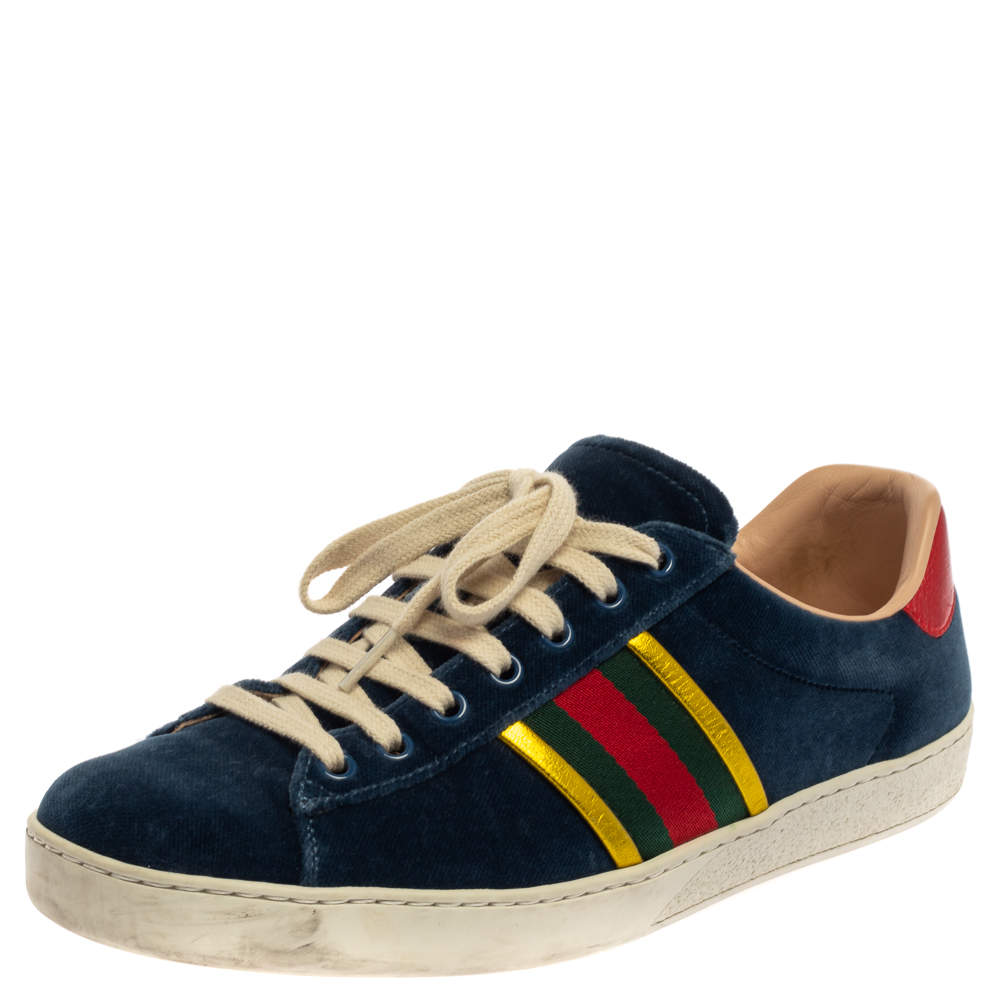 Gucci Blue Velvet And Leather Web Ace Sneakers Size 41.5
