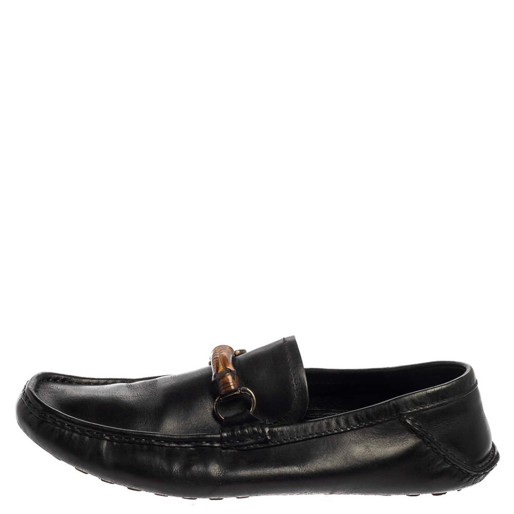 Gucci Black Leather Bamboo Horsebit Slip On Loafers Size 43.5