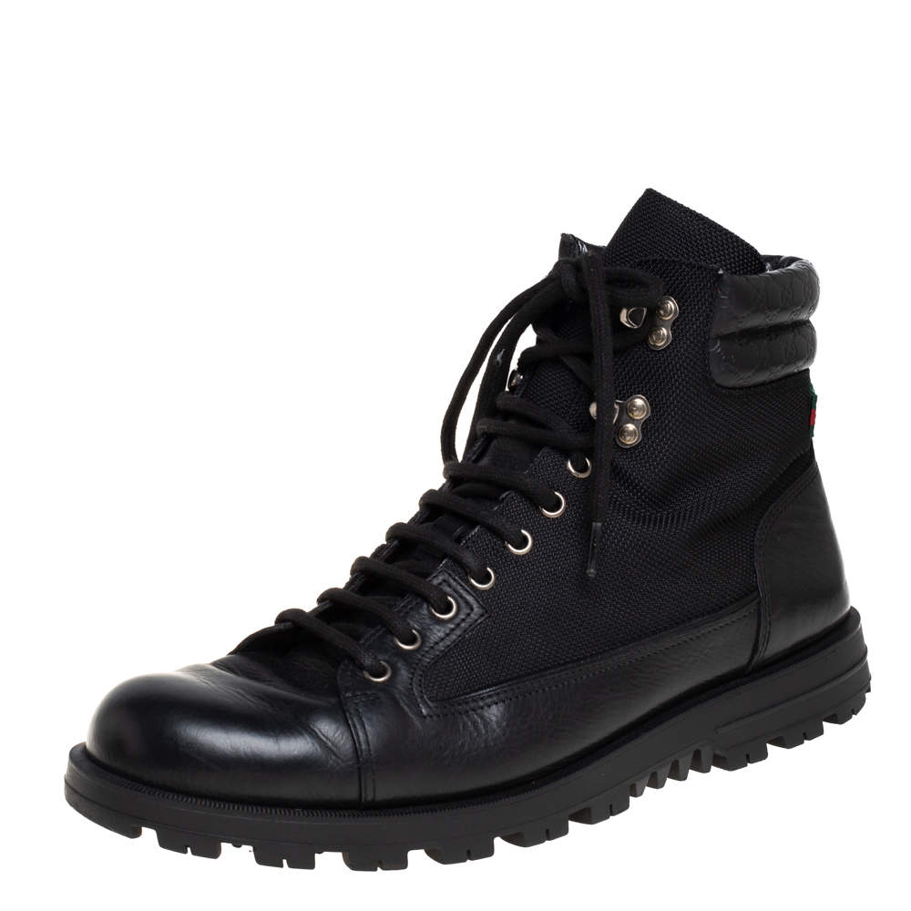 Gucci Black Leather and Nylon Combat Boots Size 43