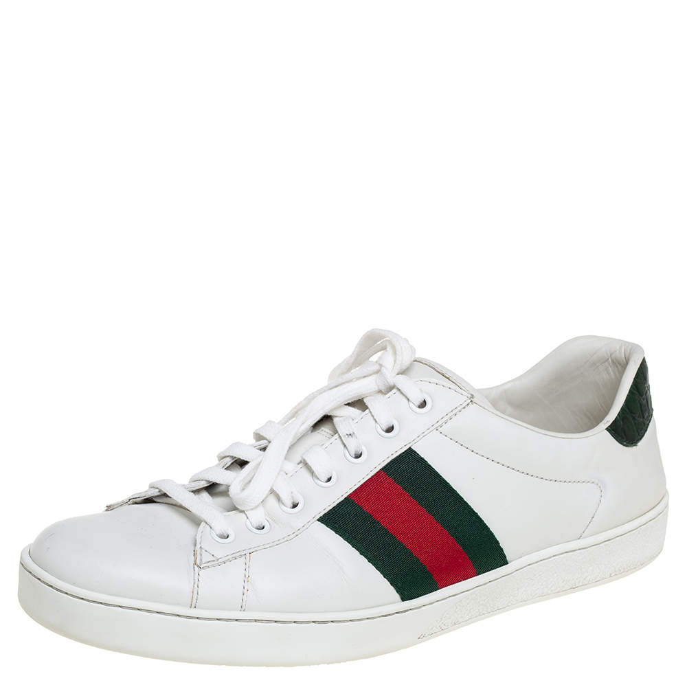 Pre Owned Gucci White Leather And Canvas New Ace Sneakers Size 43