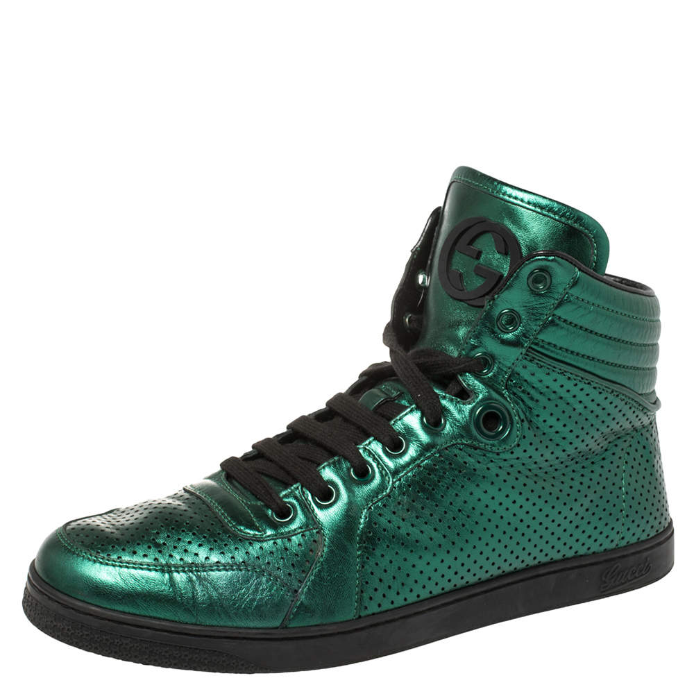 مملوكة مسبقًا Gucci Metallic Green Perforated Leather Coda High Top Sneaker Size 42