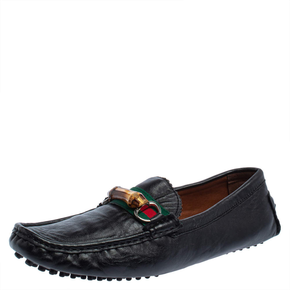 Pre Owned Gucci Black Leather Bamboo Horsebit Slip On Loafers Size 43