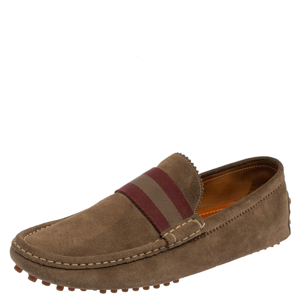 Pre Owned Gucci Beige Suede Web Detail Slip On Loafers Size 43.5