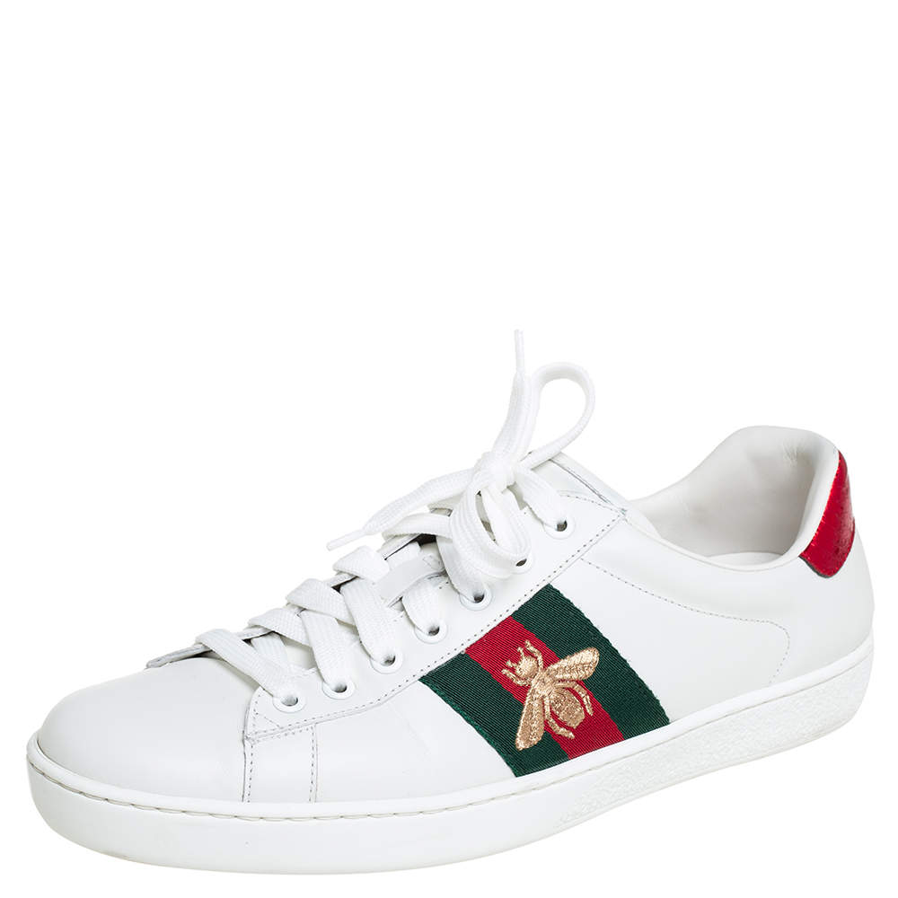 Gucci White Leather Ace Bee Motif Lace Up Low Top Sneakers Size 47