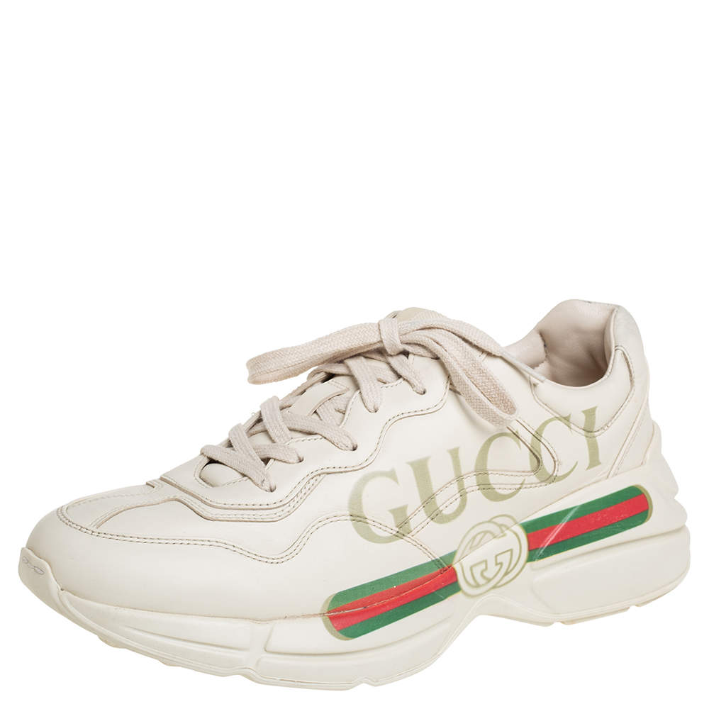 Gucci  Off White Leather Rhyton Gucci Logo Low Top Sneakers Size 41