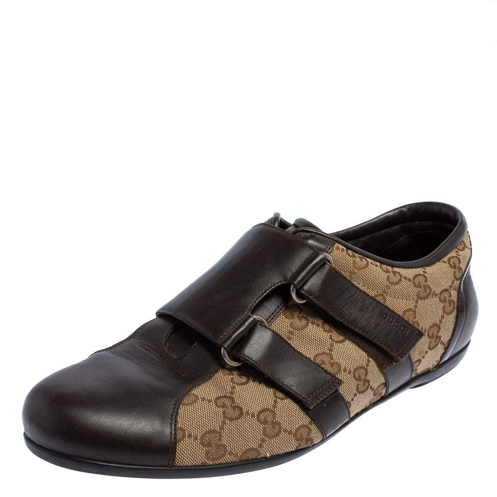 Pre Owned Gucci Brown/Beige GG Canvas And Leather Velcro Sneakers Size 44