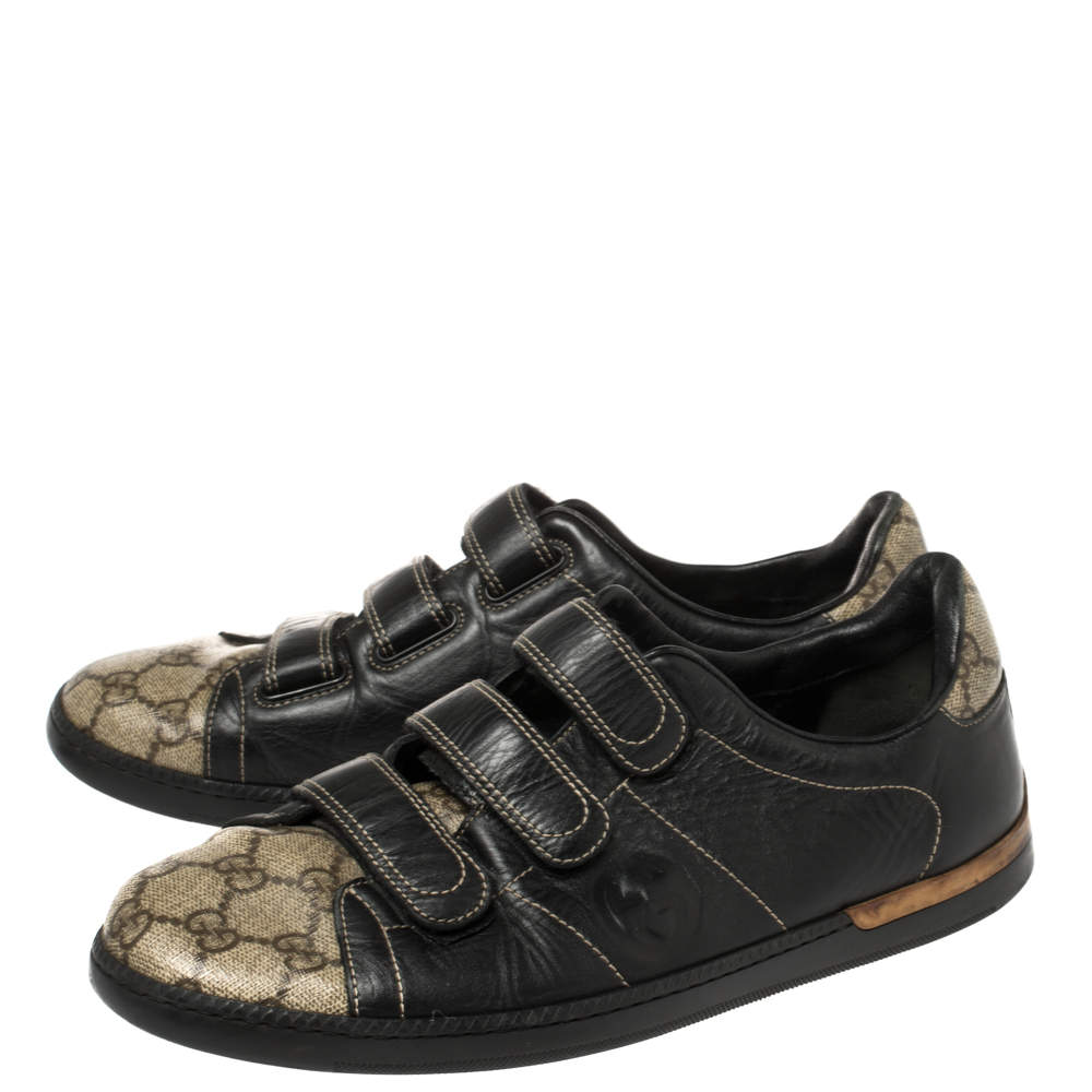 Gucci, Shoes, Gucci 7607 Black Leather Sneakers Velcro Straps Signature  Web Authentic Men