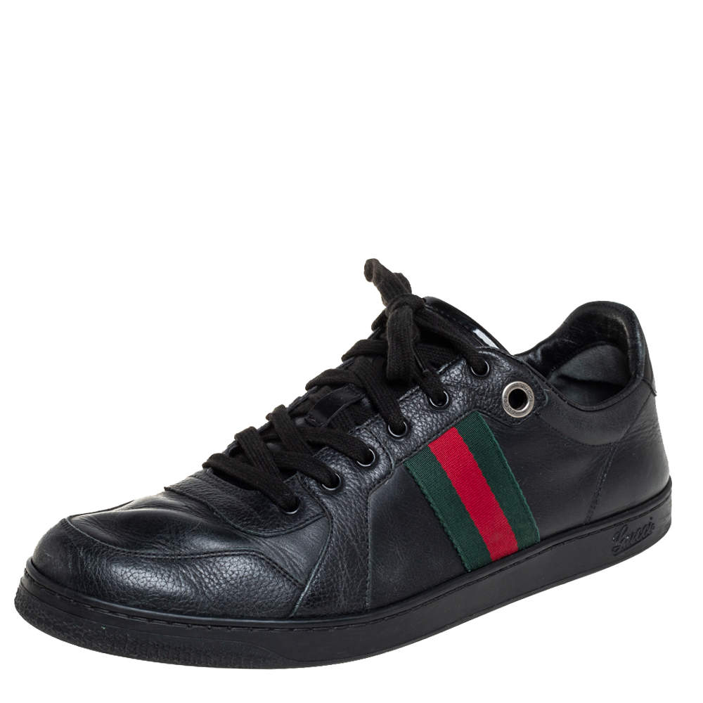 Pre Owned Gucci Black Leather Web Detail Low Top Sneakers Size 45
