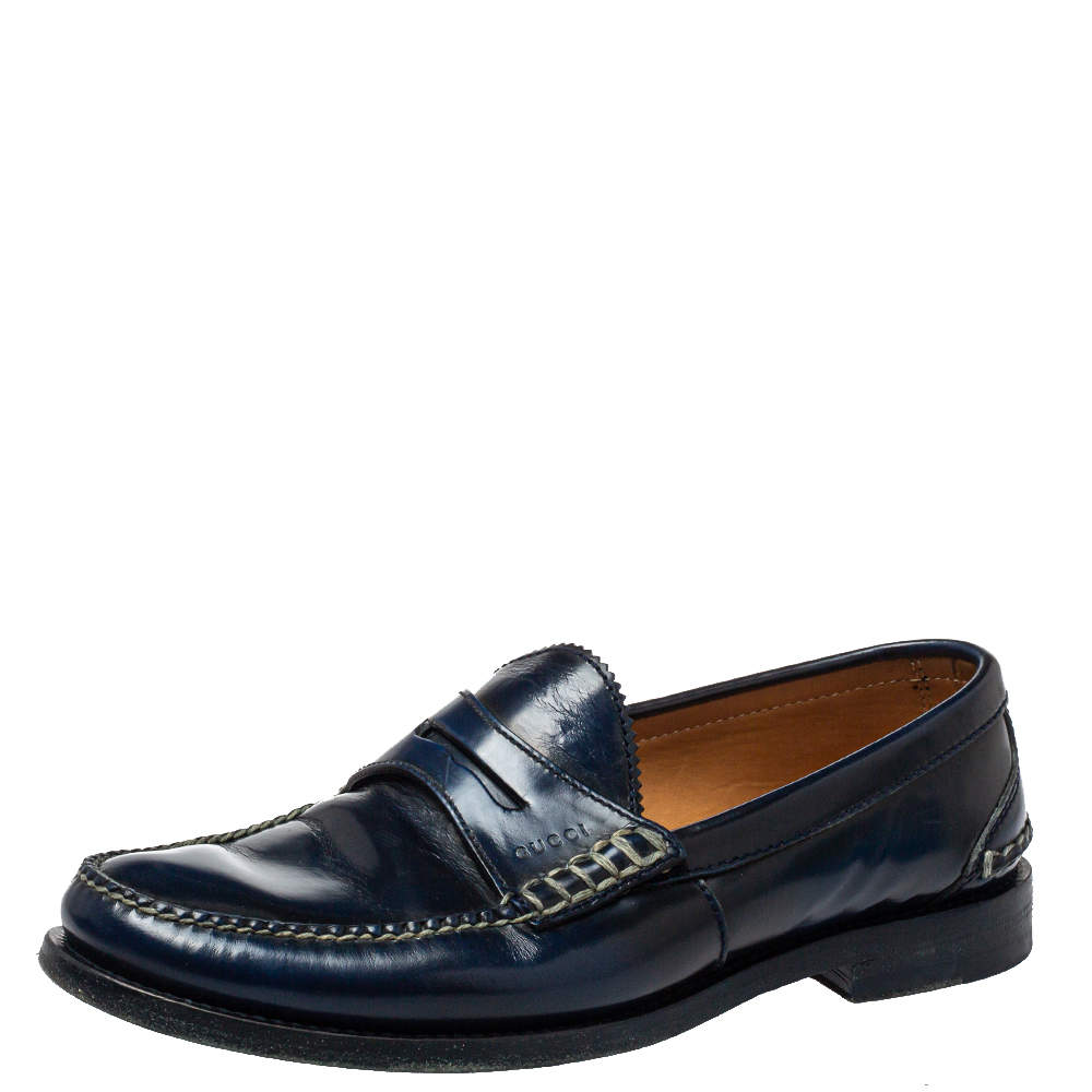 Pre Owned Gucci Two Tone Leather Penny Slip On Loafers Size 42