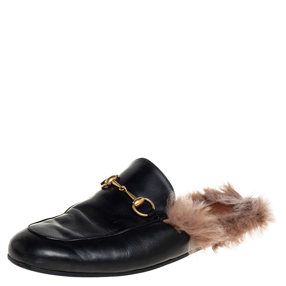 مملوكة مسبقًا Gucci Black Leather And Fur Princetown Mules Size 44.5