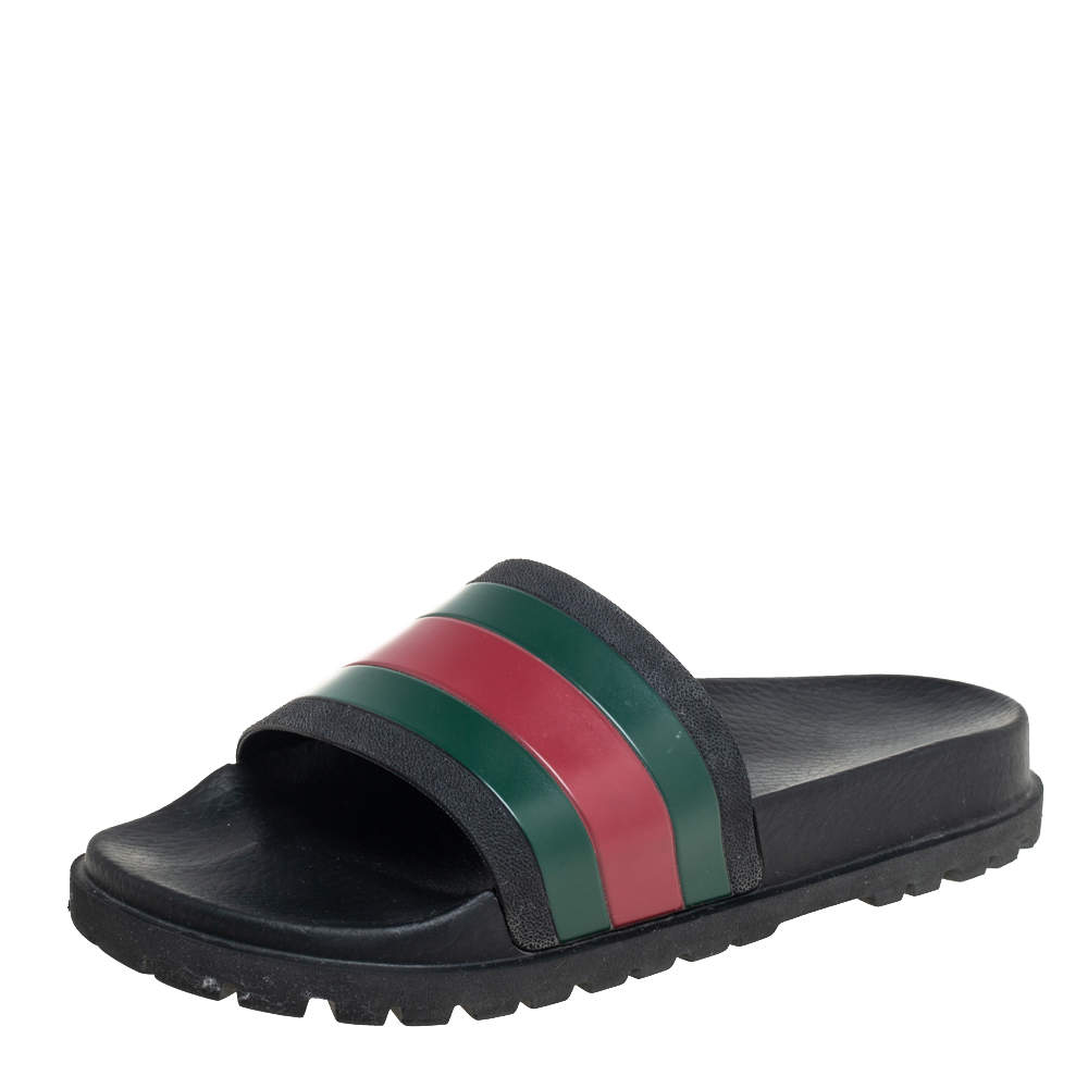 Pre Owned صندل سلايد غوتشي تفاصيل ويب جلد أسود مقاس 41