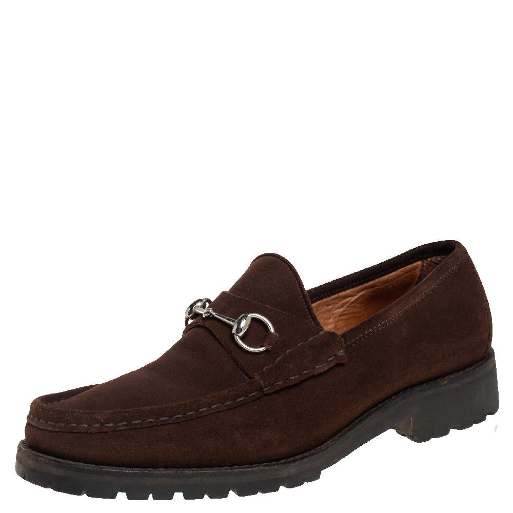 Pre Owned Gucci Brown Suede Horsebit  Slip on Loafers Size 45.5