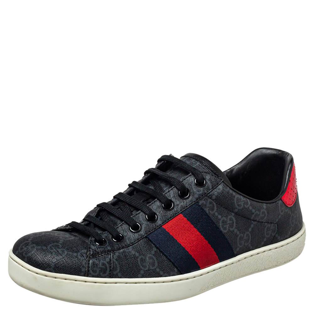 Men's Ace Sneaker Black GG Supreme Canvas With Blue & Red Web