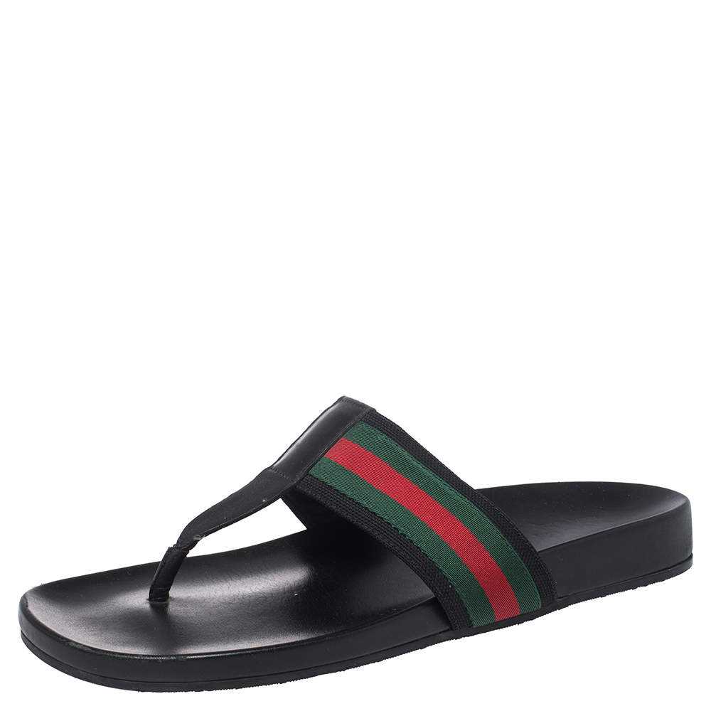 Pre Owned Gucci Black Leather Web Detail Thong Flats Size 44