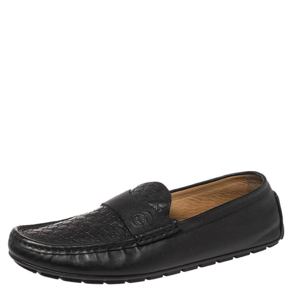 Pre Owned Gucci Black Guccissima Leather Slip On Loafers Size 44.5