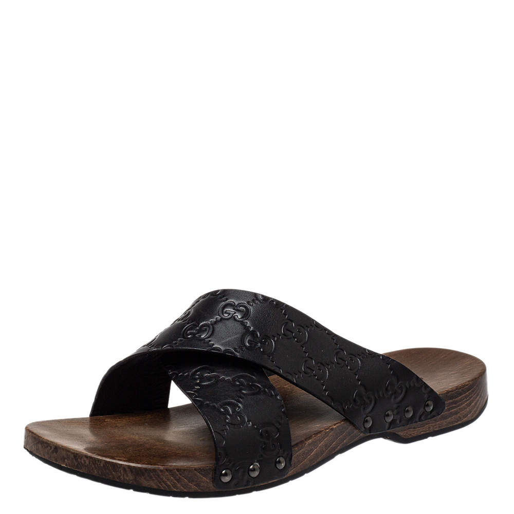 Pre Owned Gucci Black Guccissima Leather Criss Cross Slide Sandals Size 40.5