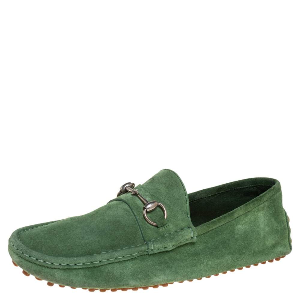 Pre Owned Gucci Green Suede Horsebit Loafers Size 45.5