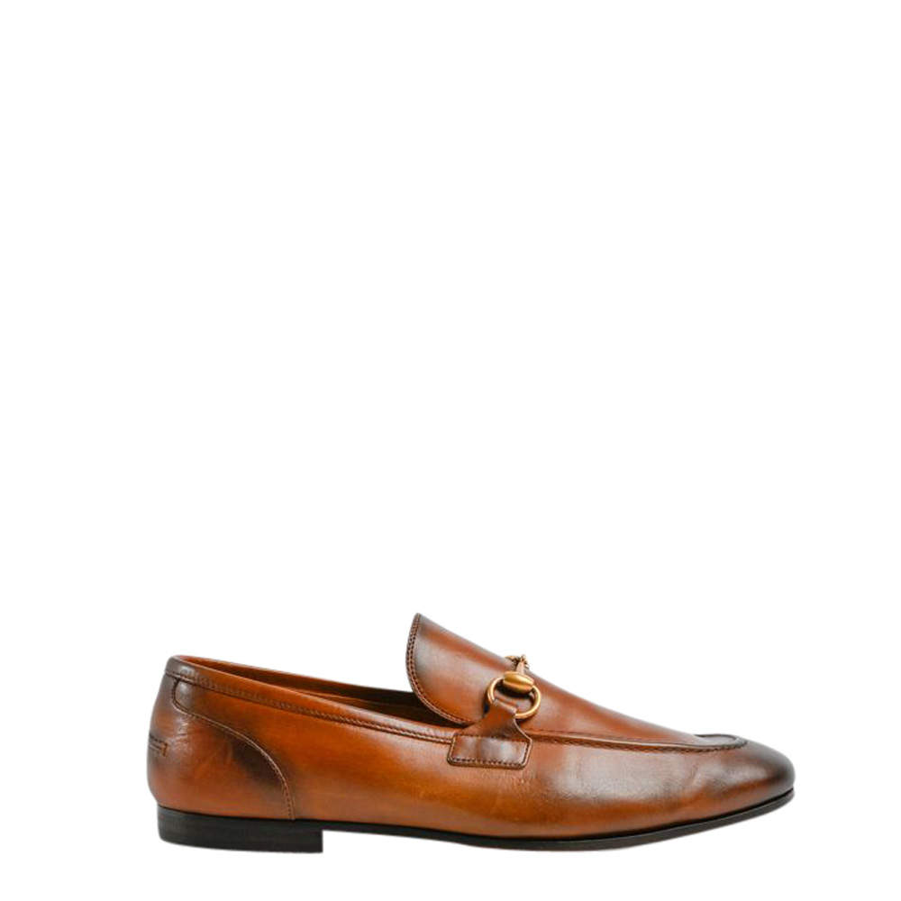 Pre Owned Gucci Brown Burnished Leather Jordaan Horsebit Slip On Loafers Size 8