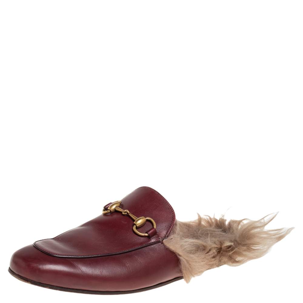 Pre Owned صندل سلايد غوتشي برينستون فرو وجلد عنابي مقاس 41