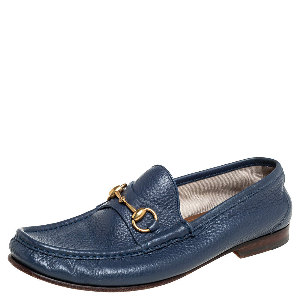 Pre Owned Gucci Blue Leather Horsebit Slip On Loafers Size 42.5