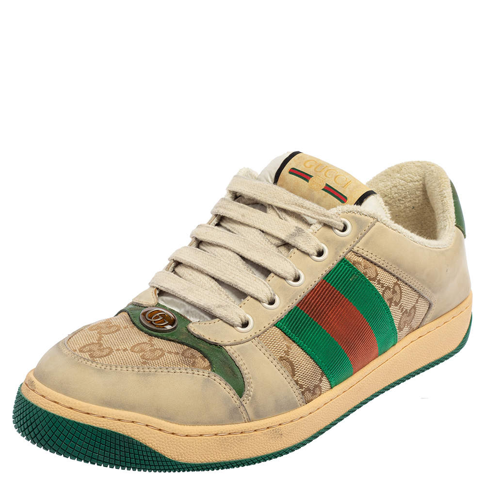 Pre Owned Gucci Beige/Green GG Canvas And Leather Screener Low Top Sneakers Size 40.5