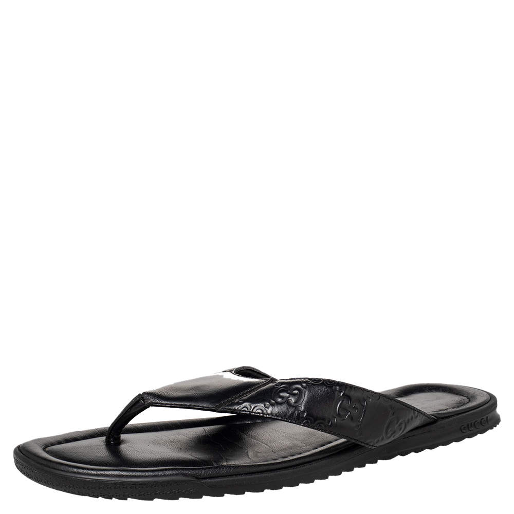 Pre Owned Gucci Black Guccissima Leather Thong Flats Size 44