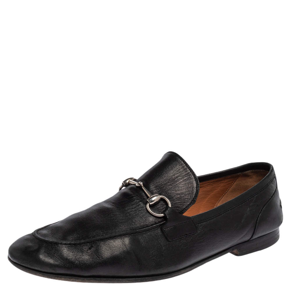Pre Owned Gucci Black Leather Horsebit Slip On Loafers Size 44