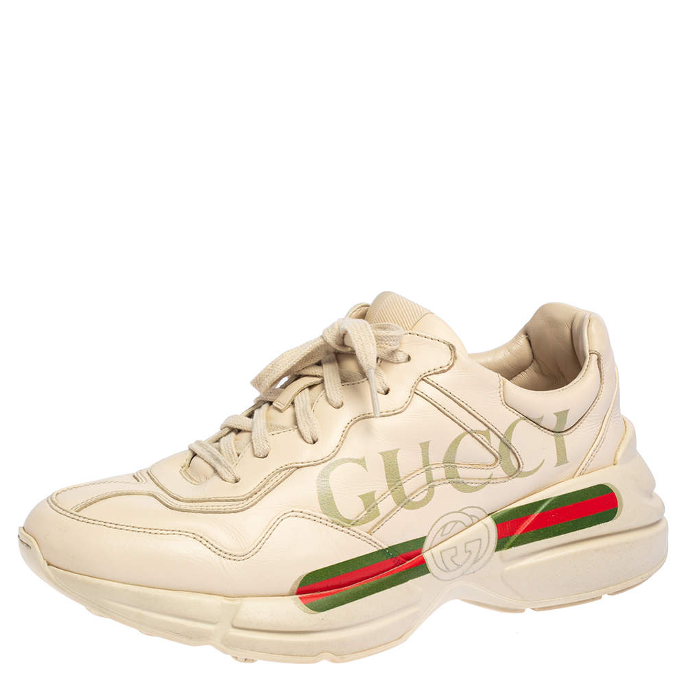 Gucci Cream Leather Rhyton Low Top Sneakers Size 42.5