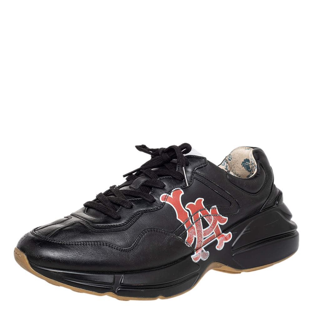 Gucci Black Leather Rhyton LA Angels Prints Low Top Sneakers Size 43
