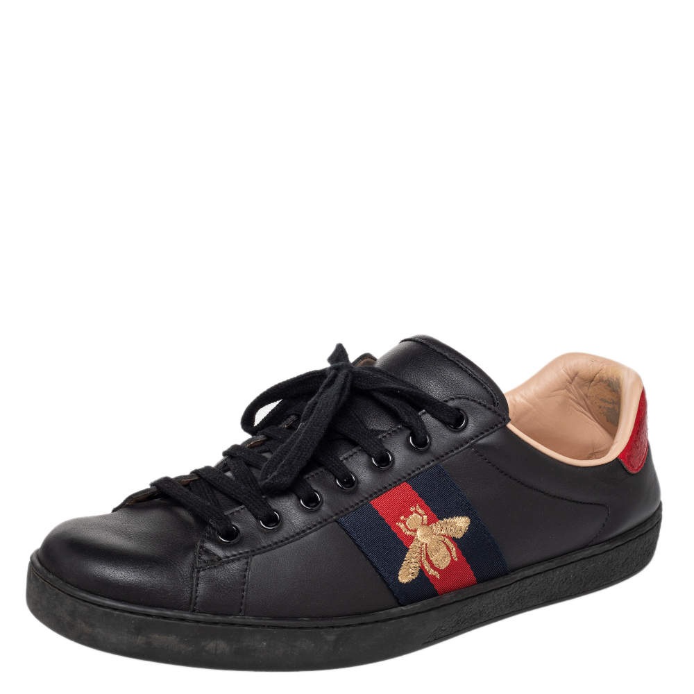 Pre Owned Gucci Black Leather Ace Bee Embroidered Low Top Sneakers Size 44.5