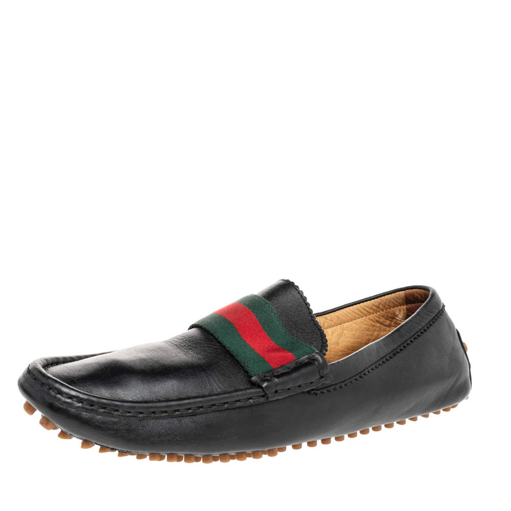Gucci Black Leather Web Trim Slip On Loafers Size 42