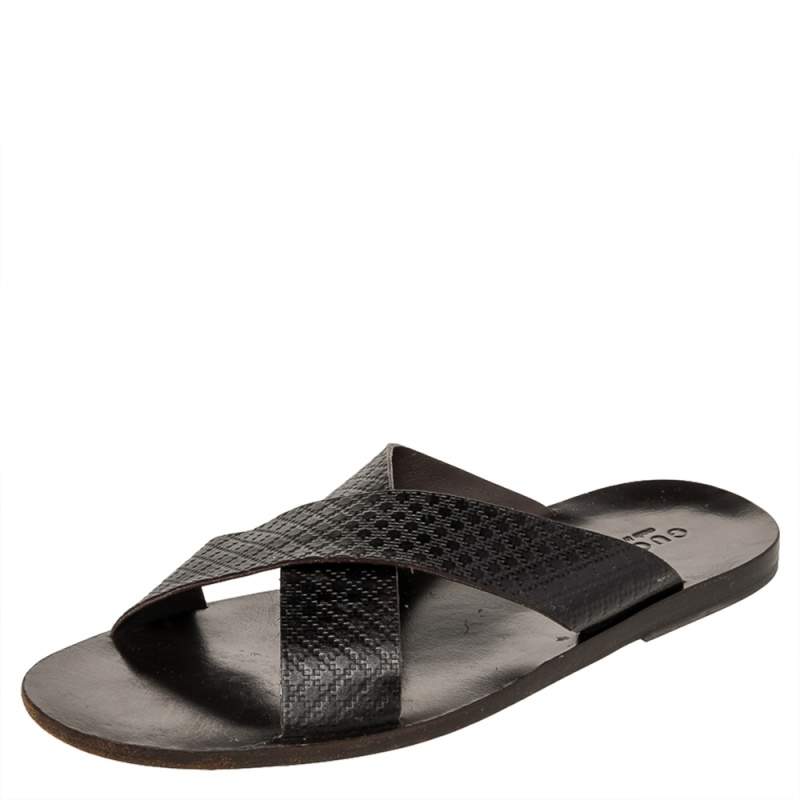 Pre Owned صندل فلات سلايد غوتشي جلد ديامانتي بني داكن سيور متعاكسة مقاس 45