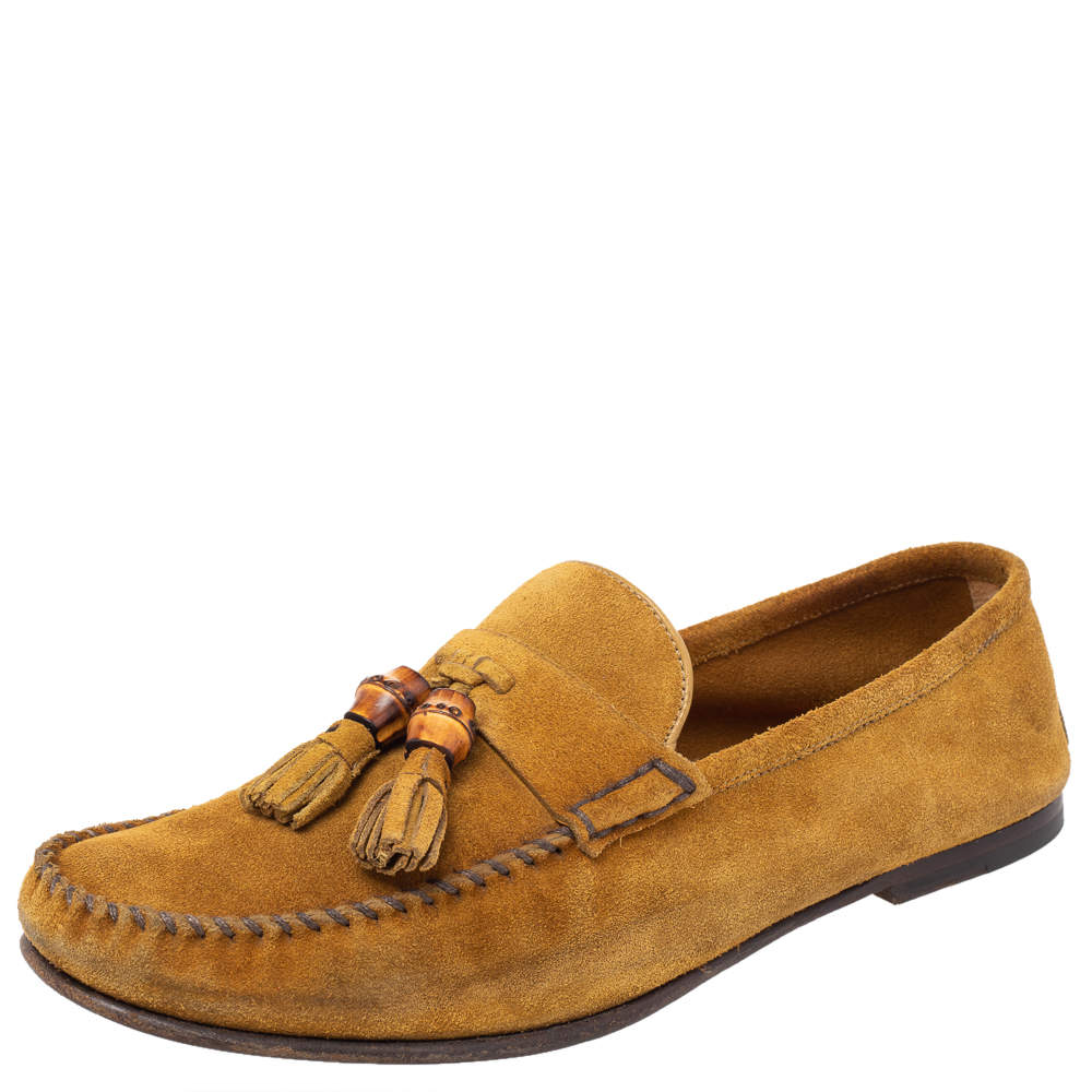 Pre Owned Gucci Yellow Suede Bamboo Tassel Slip On Loafers Size 41