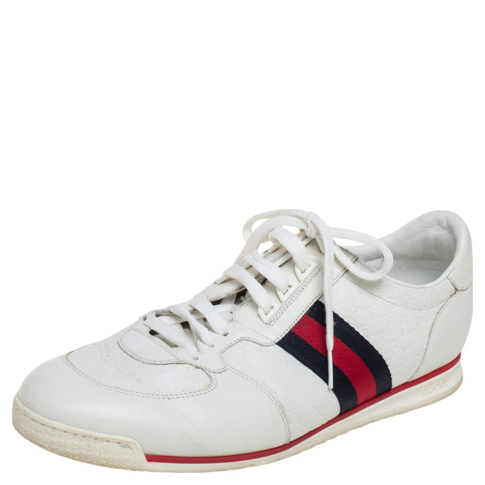Pre Owned حذاء رياضي غوتشي رباط تفاصيل ويب جلد مايكروغوتشيسيما أبيض مقاس 46