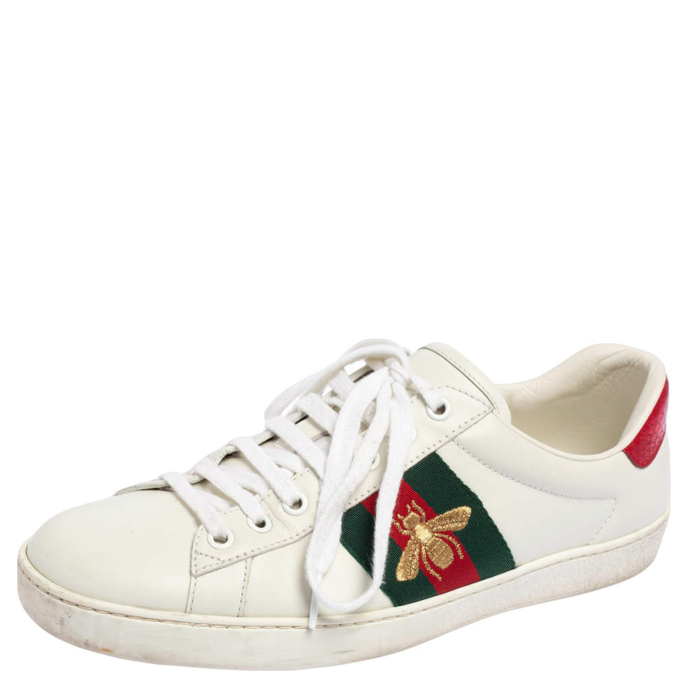 Pre Owned Gucci White Leather Web Ace Low Top Sneakers Size 40.5