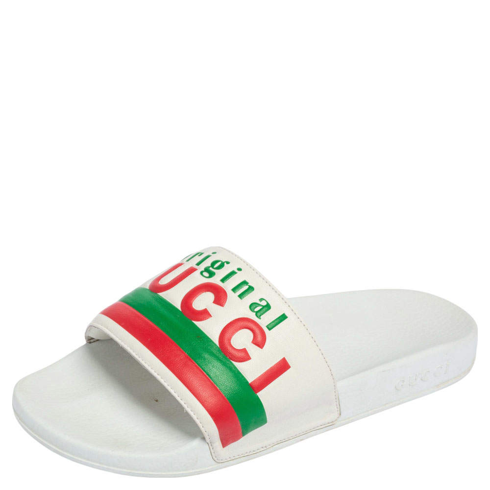 Pre Owned Gucci White Leather Original Slides Size 43