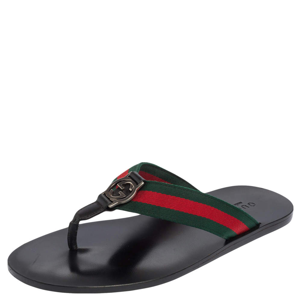 Pre Owned Gucci Black Leather And Web Strap Interlocking "GG" Thong Sandals Size 42.5