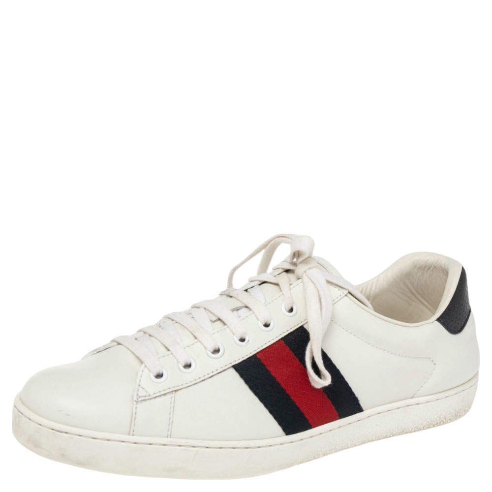 Pre Owned حذاء رياضي غوتشي ويب أيس جلد أبيض عنق منخفض مقاس 43