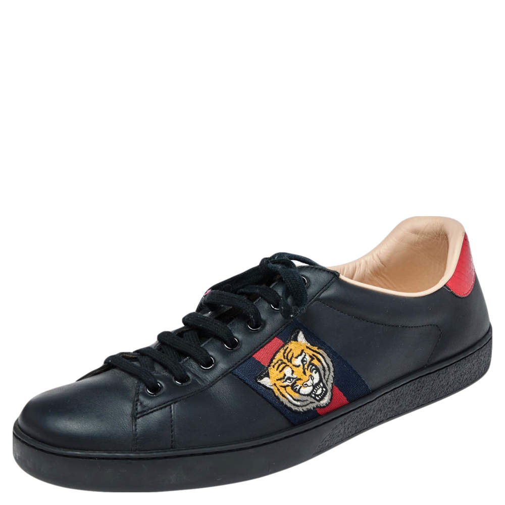 Gucci Black Leather Embroidered Tiger Low Top Sneakers Size Gucci | TLC