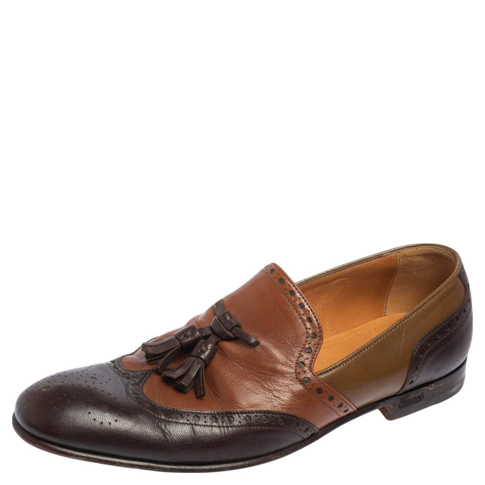 Gucci Brown Brogue Leather Tassel Detail Loafers Size 41.5