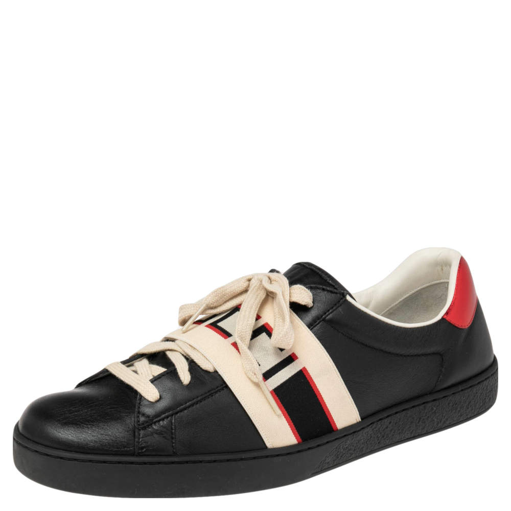 Gucci Black Leather Ace Stripe Low Top Sneakers Size 44