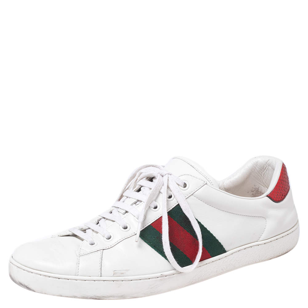 مملوكة مسبقًا Gucci White Leather Ace Embroidered Tiger Low Top Sneakers Size 44