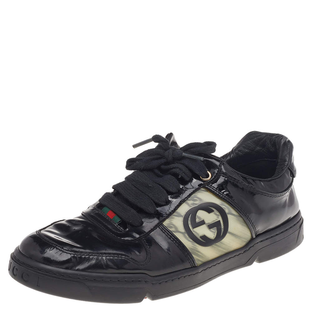 Gucci Black Patent Leather Interlocking G Hologram Logo Low Top Sneakers  Size 41