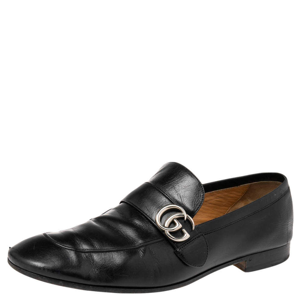 Pre Owned حذاء لوفرز غوتشي سليب أون شعار جي جي جلد أسود مقاس 45.5