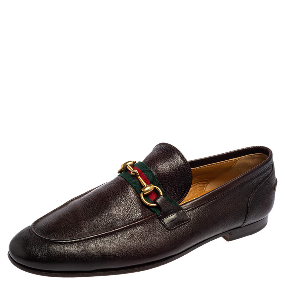Pre Owned Gucci Dark Brown Leather Web Horsebit Loafers Size 42.5