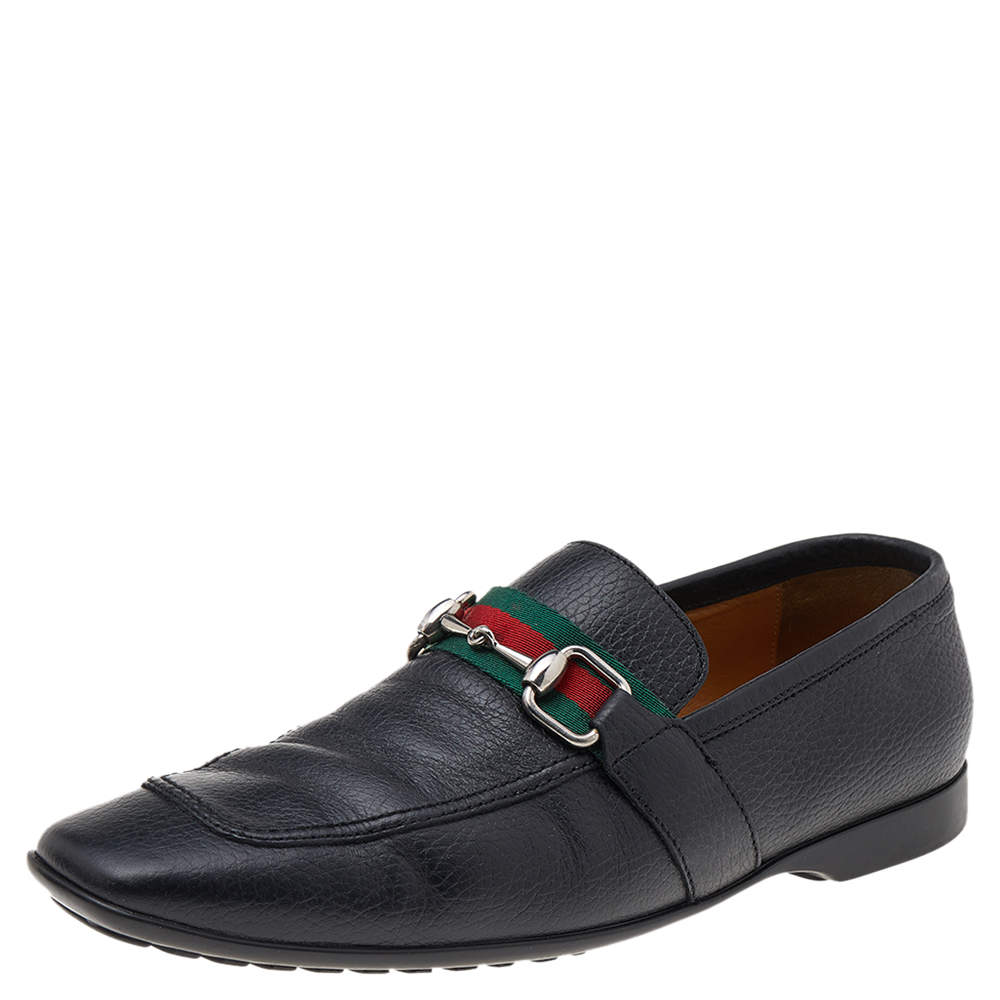 Gucci Black Leather Web Detail Loafers Size 40.5