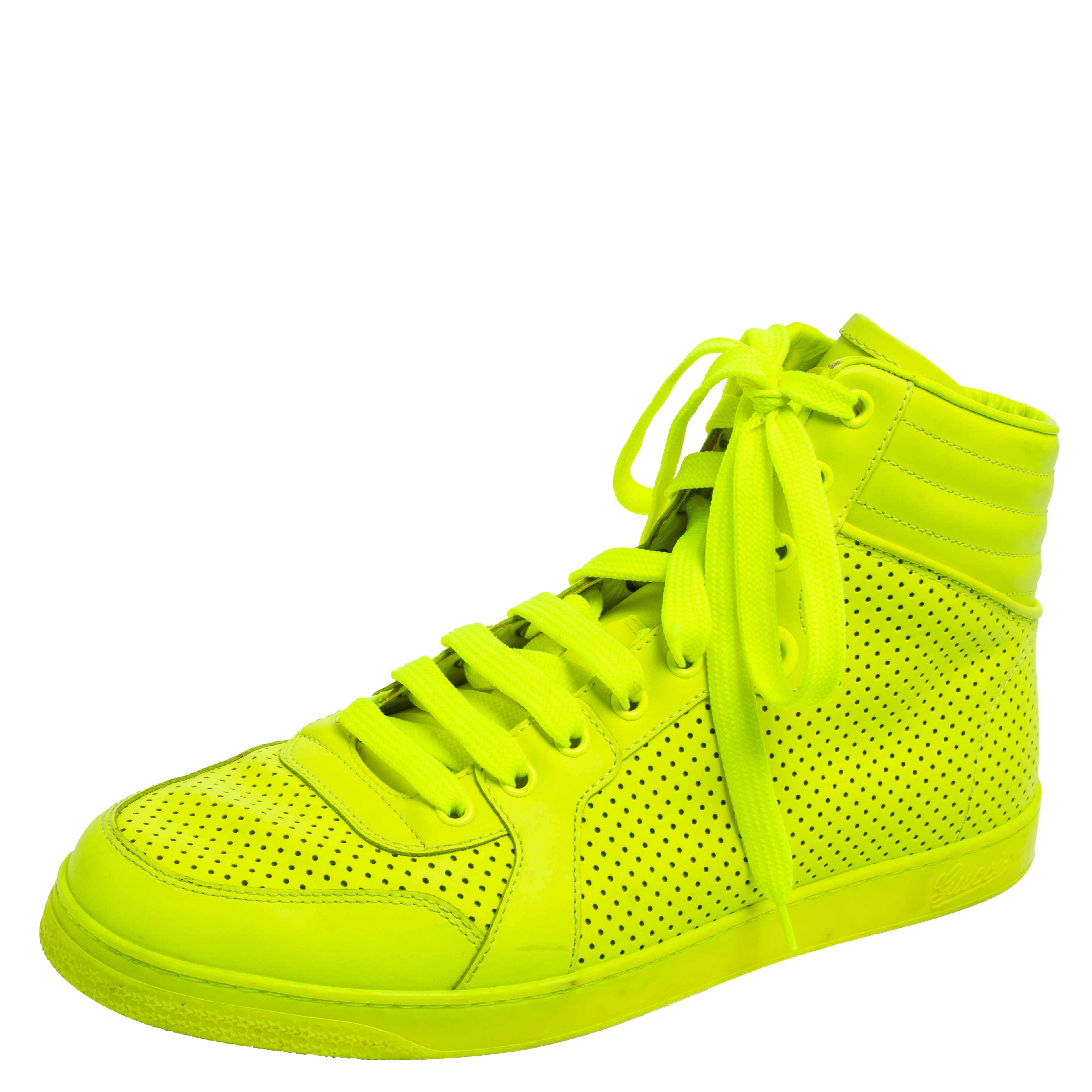 Pre Owned Gucci Neon Green Perforated Leather Lace Up High Top Sneakers Size 41