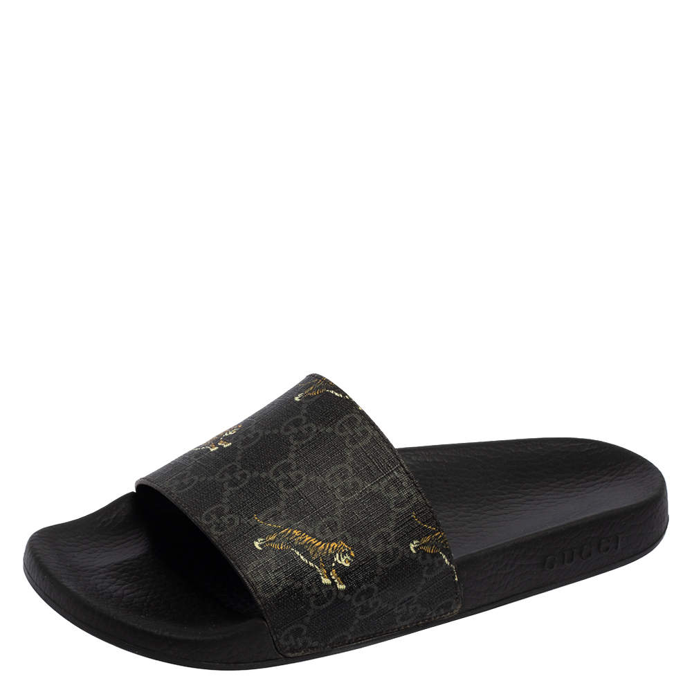 Pre Owned Gucci Dark Grey GG Supreme Canvas Tiger Print Sandals Size 44
