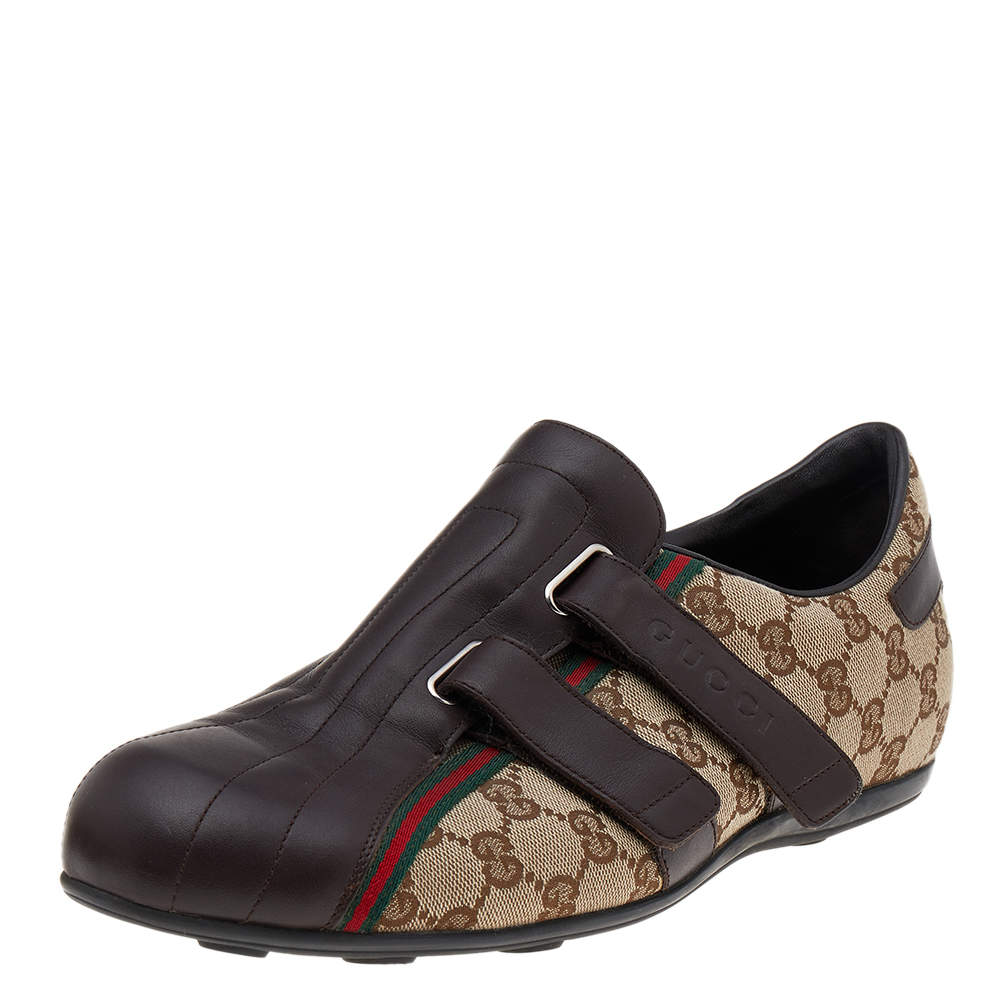Pre Owned Gucci Brown/Beige GG Canvas And Leather Velcro Low Top Sneakers Size 44